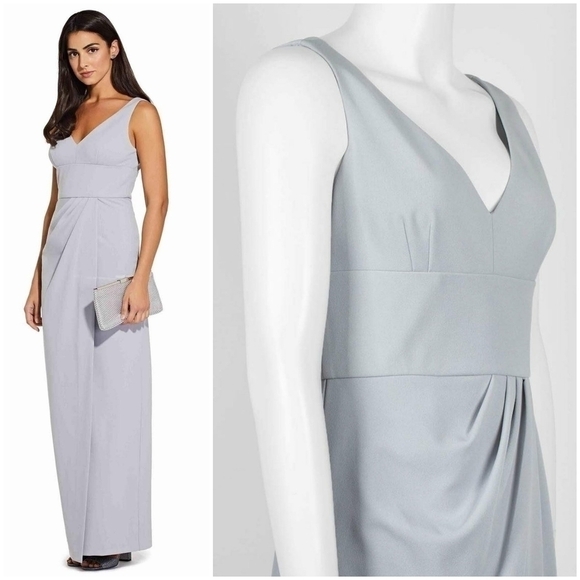 NWT Adrianna Papell Silver Gray Sleeveless Draped Formal Maxi Column Dress - Picture 2 of 9
